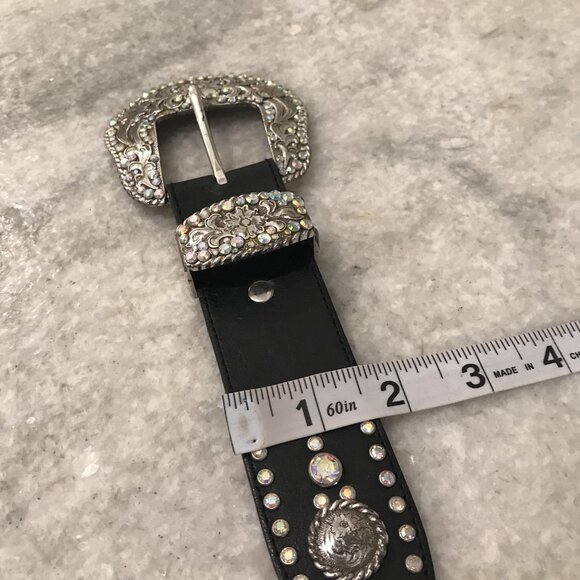 Western Rhinestone Belt Womens 38 Black Concho Silver Engraved Buckle Studded - Picture 5 of 7